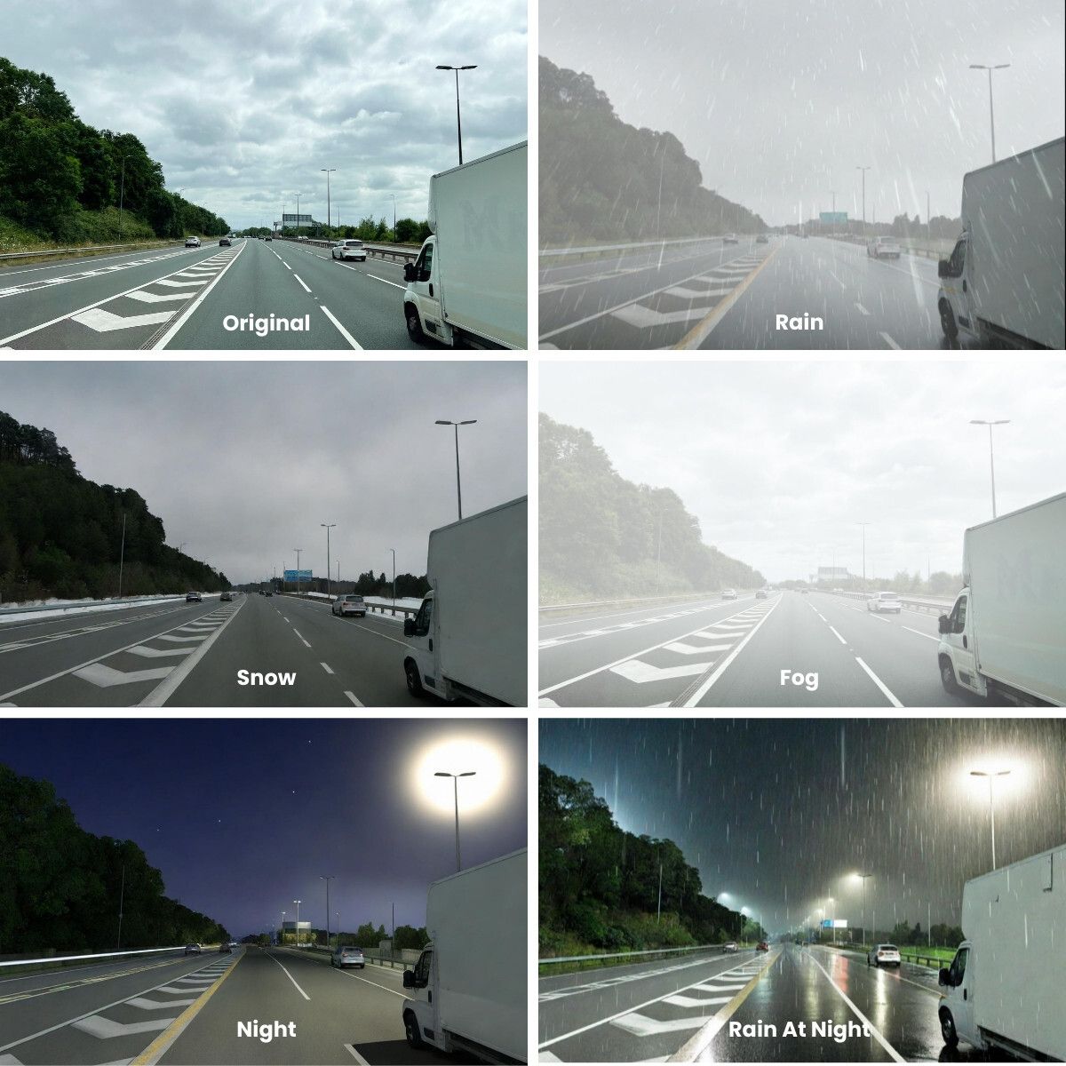 Example weather transformations generated by Oxa Sensor Expansion on a typical highway scene