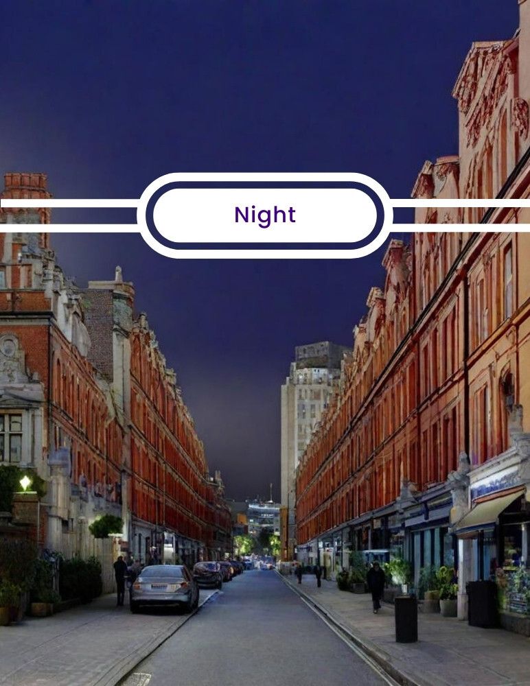 An example city scene with the time of day changed to night